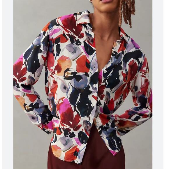 Cloth & Stone Floral Button Top Womens Small Multicolor Satin Long Sleeve Shirt - Picture 1 of 8